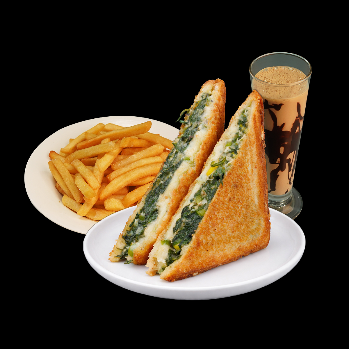 Spinach Corn Cheese Toast + Classic Fries + Cold Coffee
