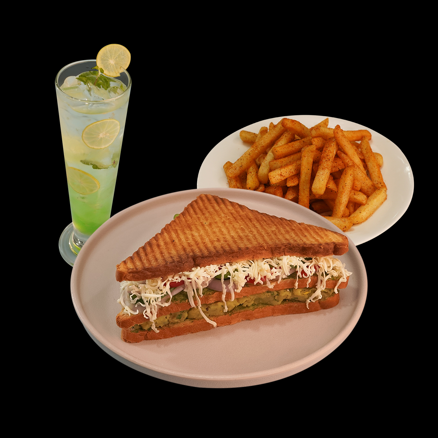 Veggie Masala Grill Sandwich + Peri Peri Fries + Mint Mojito