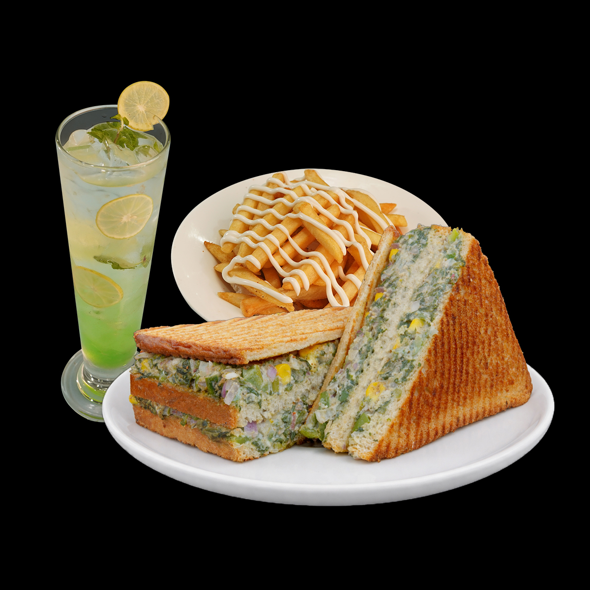 Spinach Corn Grill Sandwich + Cheesy Fries + Mint Mojito